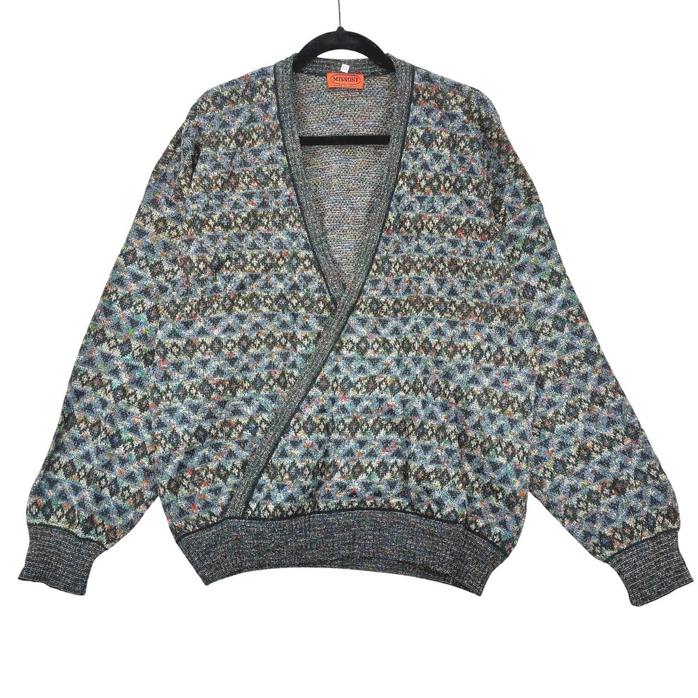 Missoni V-Neck Sweater Men's 50 L Green Blue Geometric Knit Button Front Italy